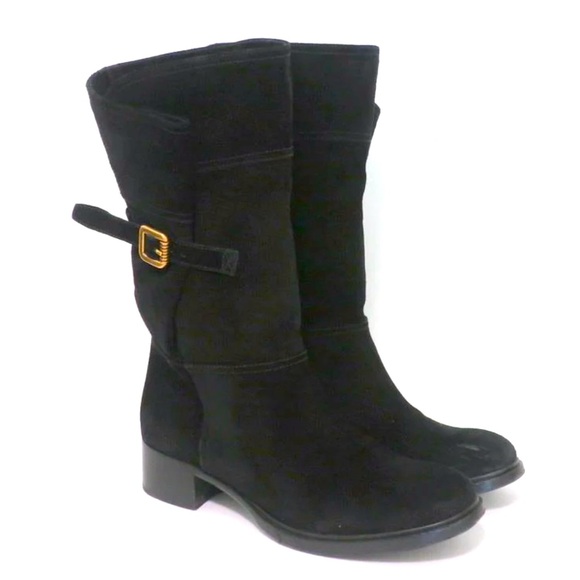 EUC Prada black suede fold over Combat Boots w/ gold buckle W 38.5 - Picture 2 of 6